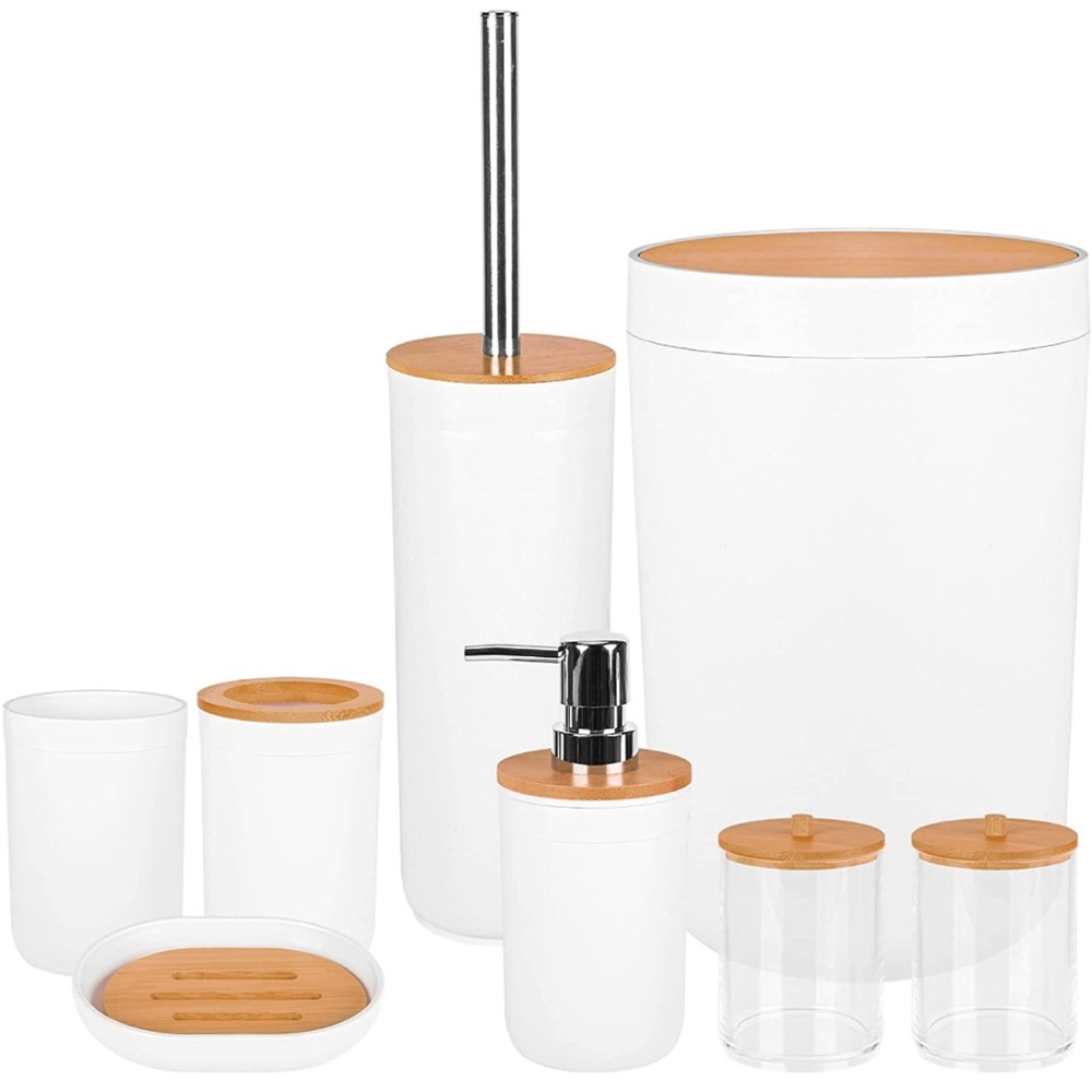 8 Piece White and Wood Plastic Bathroom Set MCM